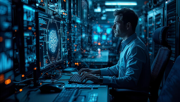 Cybersecurity specialist analyzing artificial intelligence interface in technology operations center, representing digital protection, network security, data analysis, and innovation