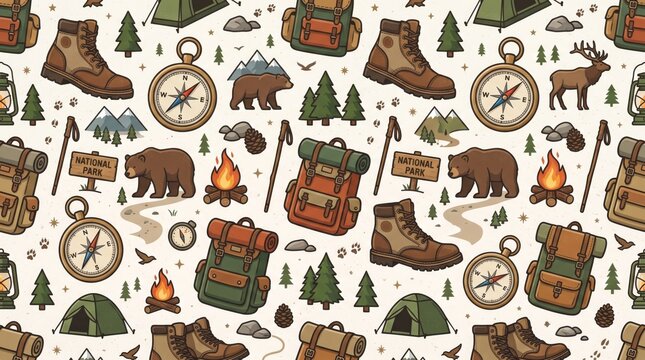 American pattern of outdoor adventure camping and wilderness elements with american adventure wilderness seamless