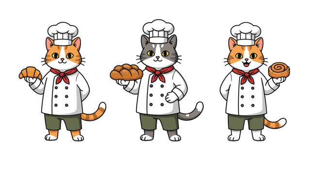 Three cartoon cats dressed as chefs holding baked goods, isolated on white background.