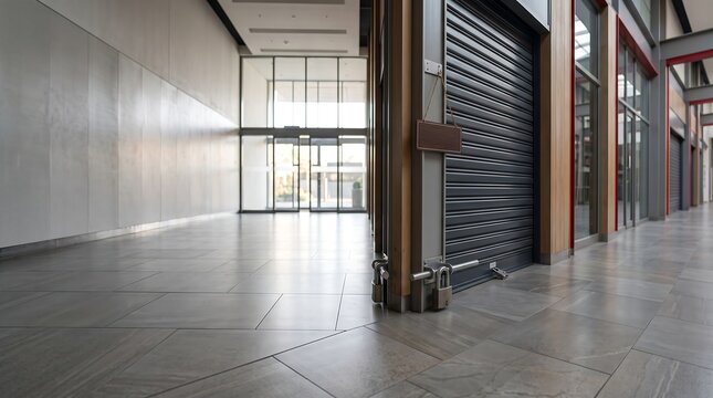 Closed metal roller shutter door of a retail shop with padlock and hanging sign in modern shopping mall interior