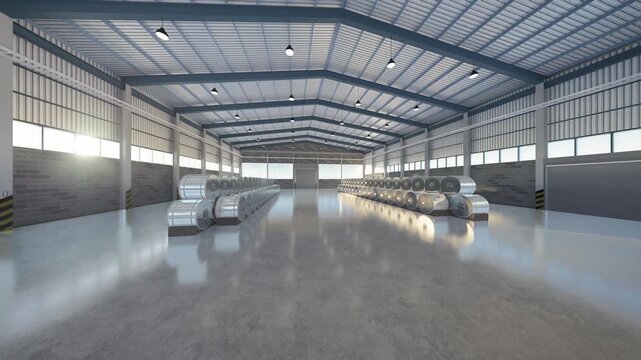 3D warehouse storage. Manufacturing facility with organized steel coils, concrete floor. Represent raw material inventory, logistics center, metal production, supply chain, commodity market.