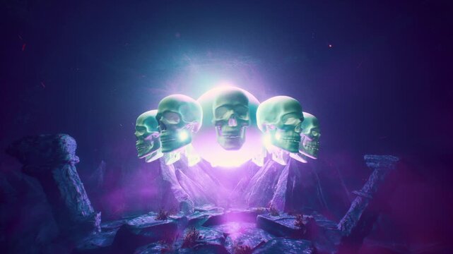 Gothic Fantasy Underworld Altar With Multiple Skulls And Magic Luminous Orb Animation