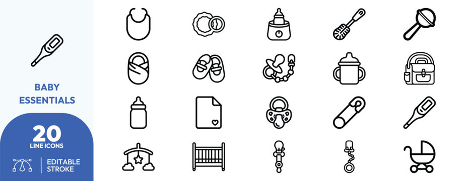 Infant set. Containing baby bottle, pacifier, diaper, crib, monitor, bath, carrier, toys, sterilizer, growth chart, car seat, bib, rattle, bottle accessories. Editable stroke. Vector illustration.
