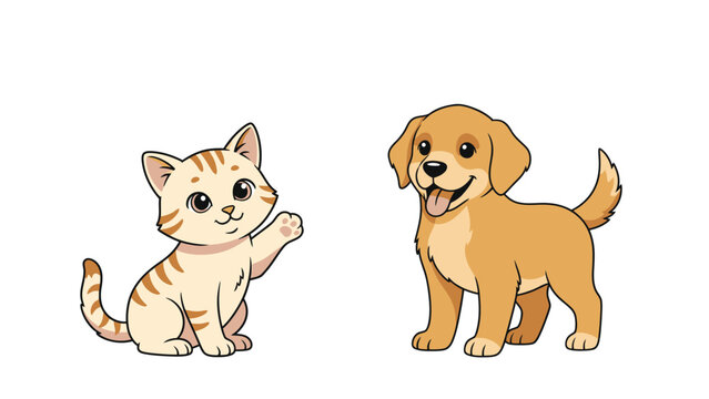 Cute cartoon kitten waving hello to a happy golden retriever puppy on a white background.