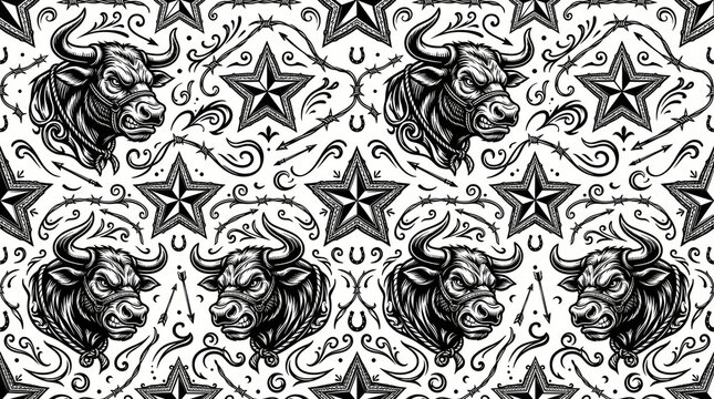 American pattern western bull head and star illustration with american seamless illustration heritage monochrome