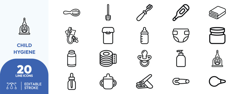 Pediatric Hygiene set. Containing baby bottle, diaper, pacifier, thermometer, nail clipper, baby powder, brush, cream, oil, bathtub, sippy cup, sterilizer, wipe. Editable stroke. Vector illustration.