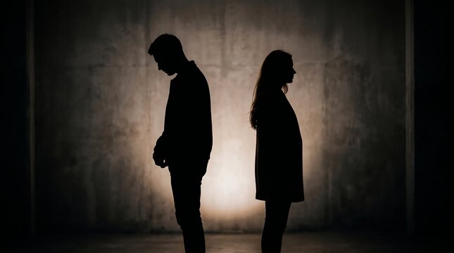Silhouette of man and woman standing back to back in dark room representing relationship problems and breakup