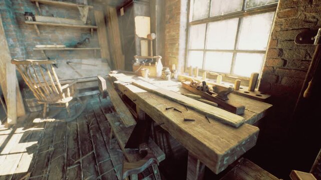 Sunlit workbench cluttered with woodworking tools, sawdustdusted surface, chisels and hammer laid beside hand plane, folded blueprint and toolbox on shelf, warm