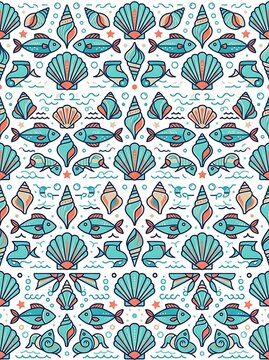 Teal and coral nautical seamless pattern with fish and seashells