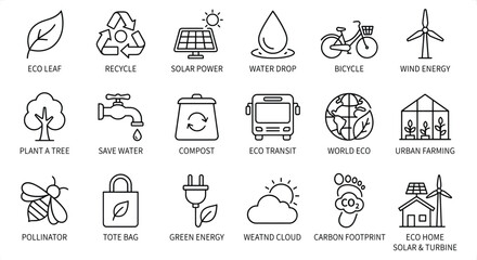 Fototapeta premium Clean outline icons representing sustainability and environmental concepts with natural elements and renewable energy symbols