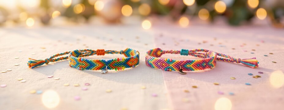 Handmade Friendship Bracelets on Pastel Background