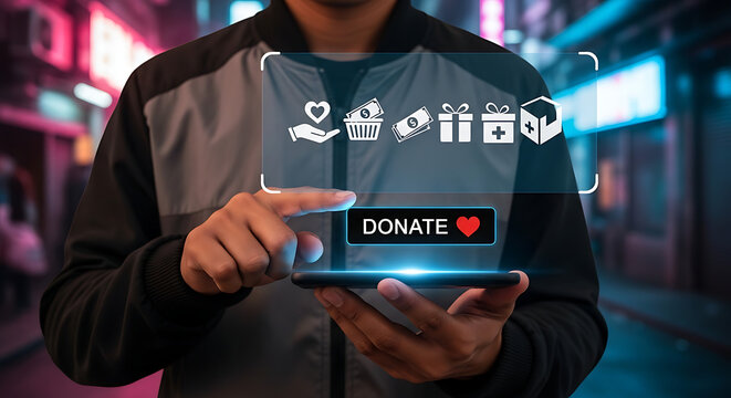Hand using smartphone for online donation and charitable giving with donation app donation smartphone philanthropy contribution fundraising community technology goodwill volunteer nonprofit