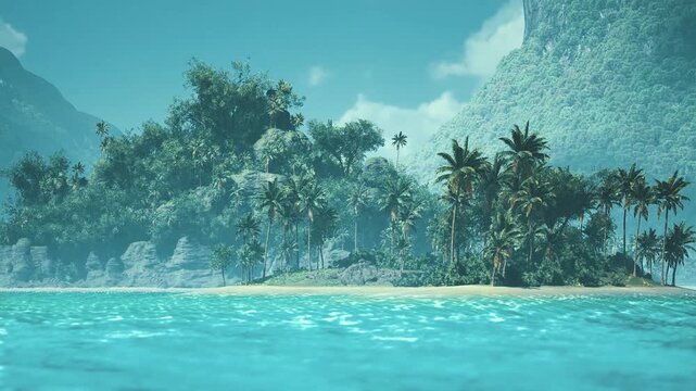 Leaning palm arching over black volcanic rocks and shallow lagoon, soft sand pockets, clear shallows, distant misted mountain, dramatic contrast ideal