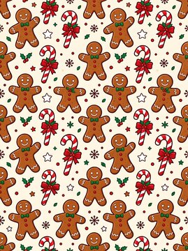Festive holiday pattern featuring gingerbread men and candy canes