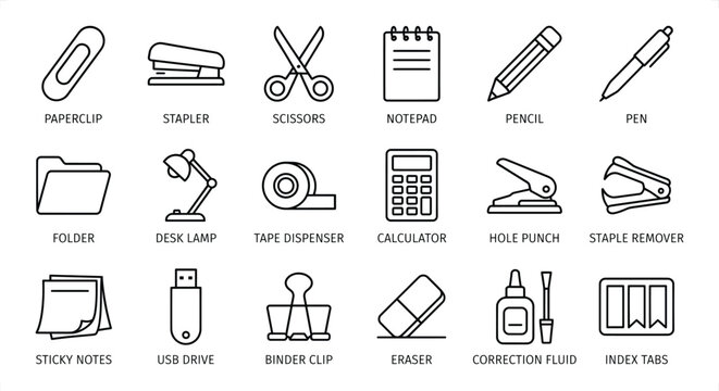 Collection of office supplies and stationery icons isolated on white background in a clean line art style