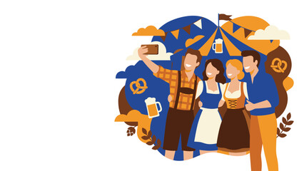 Fototapeta premium Friends enjoying a Bavarian beer festival under a colorful tent with pretzels and steins.