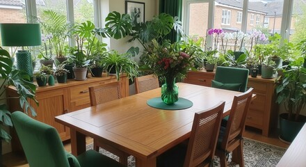 Fototapeta premium Serene Dining Room Sanctuary Filled With Abundant Lush Greenery and Natural Light