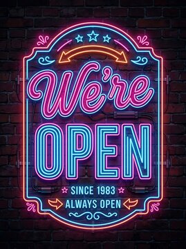 Vintage neon open sign glowing on a dark brick wall at night