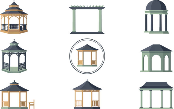 Outdoor gazebo and architectural garden structures collection with architecture pavilion building structure landscape construction summerhouse exterior