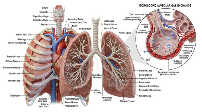 3D Human Lung Anatomy with Labeled Internal Structures &ndash; Medical Illustration for Science Learning and Biology Education Poster