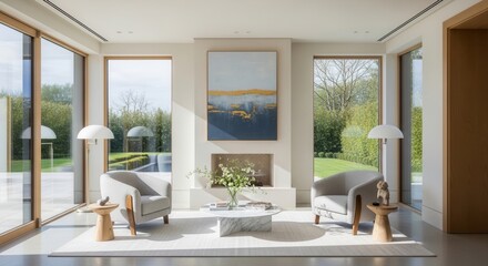 Fototapeta premium Serene Contemporary Living Room With Abstract Art And Garden Views
