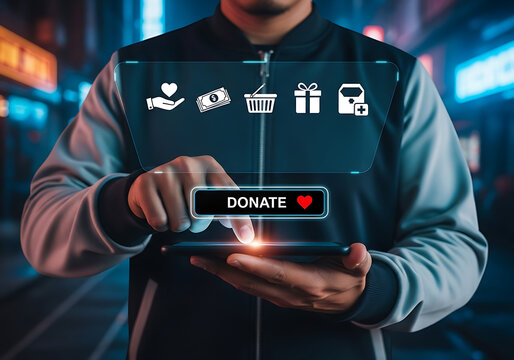 Person using holographic interface with donate button and charitable icons donation philanthropy hologram technology interface fundraising altruism contribution security innovation business