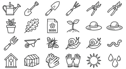 Gardening icons with tools plants and insects in a clean line art style for organic cultivation © Graphic Seller