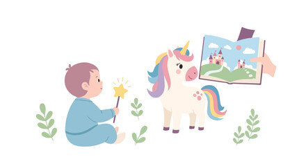 Fototapeta premium A cute baby holding a magic wand sits beside a colorful unicorn while an adult hand shows them a picture book of a fairy tale castle.