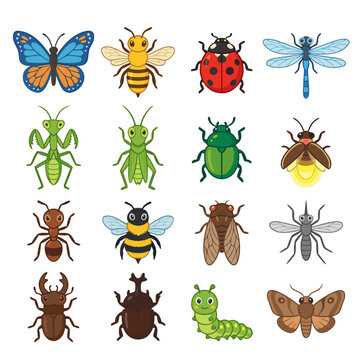 Set of cute insect stickers featuring various bugs like butterflies, bees, ladybugs, dragonflies, mantis, beetles, and caterpillar, vector illustration style.