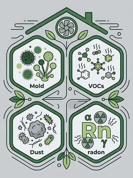 Common indoor air pollutants infographic showing mold vocs dust and radon