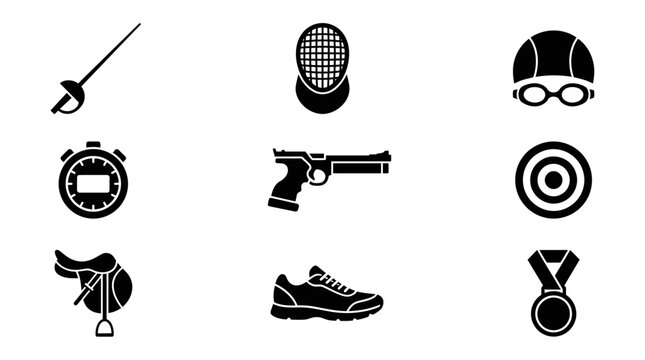 Modern pentathlon equipment icons set for multisport competition