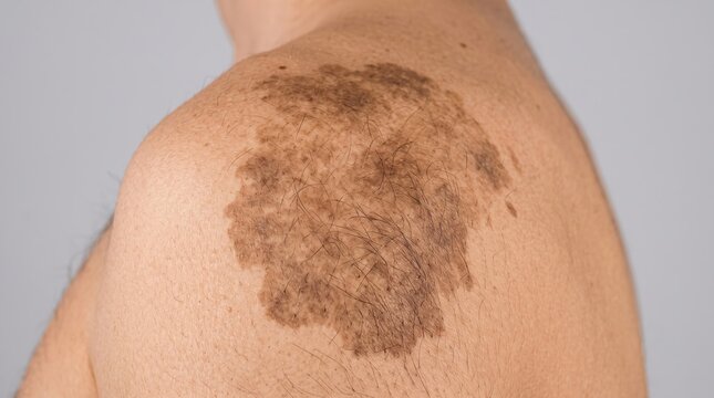 Close up of a large hyperpigmented hairy nevus birthmark on human shoulder skin
