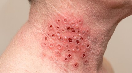 Fototapeta premium Close up of neck skin with a cluster of deep circular ulcerated pits and shingles vesicles