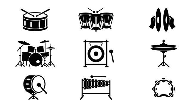 Percussion instruments and rhythmic drum kit icon collection.