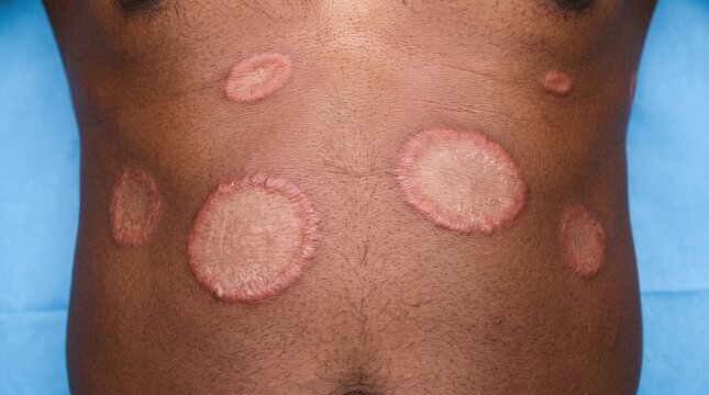 Multiple classic circular ringworm plaques of tinea corporis on dark skin torso