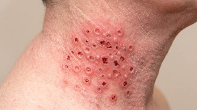 Close up of neck skin with a cluster of deep circular ulcerated pits and shingles vesicles