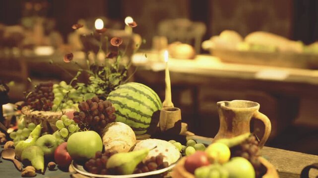 Warm rustic harvest table with fruit and candlelight, farmhouse tablescape styled for intimate holiday dinner assorted watermelon, apples, grapes, nuts,