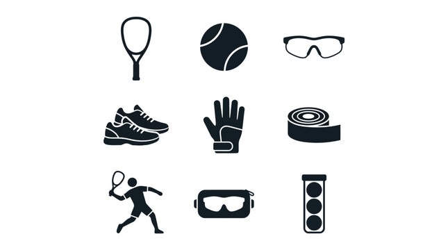 Racquetball sports gear and player action black icons