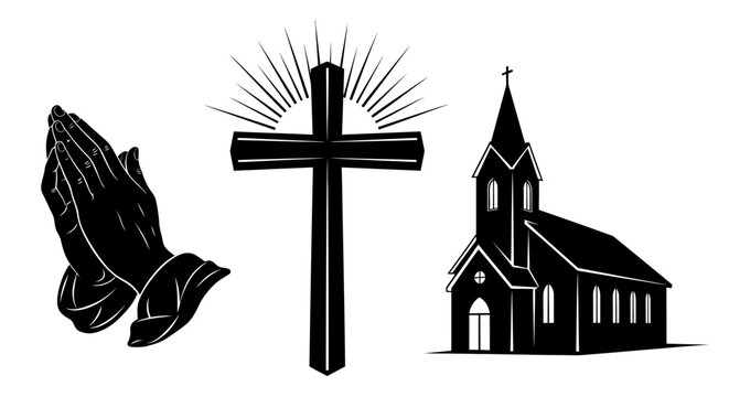 Christianity symbols with church cross with black white illustration church cross sun rays praying hands monochrome religion graphic faith with icon