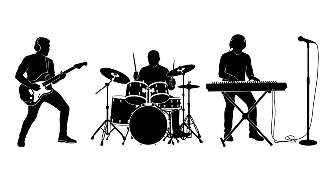 Silhouette of a band performing on stage with musical instruments with black silhouettes three musicians playing guitar keyboard microphone white background