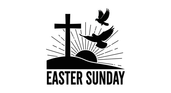 Easter sunday logo with cross doves with black white graphic depicting cross sunrise words easter two doves christianity celebration religion