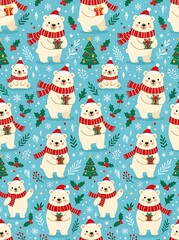 Fototapeta premium Cute polar bear seamless pattern with santa hats and gifts