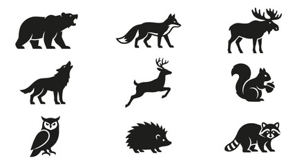 Obraz premium Woodland and temperate forest animal silhouette icons.