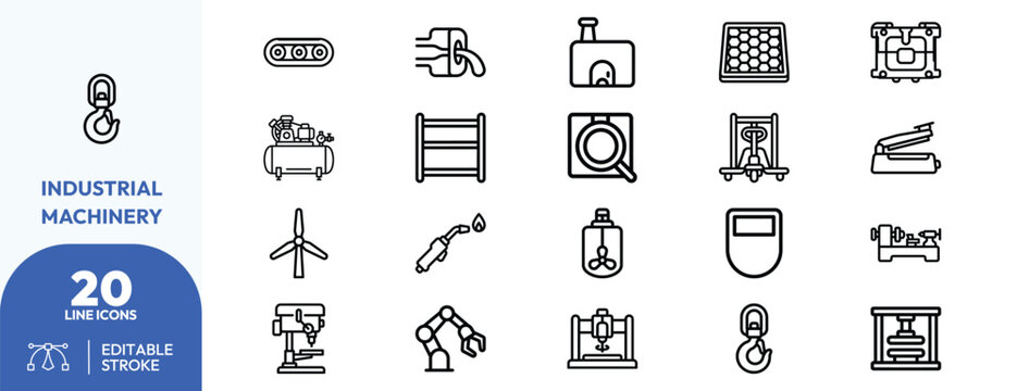 Factory Automation Machinery set. Containing robotic arm, conveyor belt, milling machine, lathe, forklift, crane hook, welding torch, hydraulic press, factory. Editable stroke. Vector illustration.