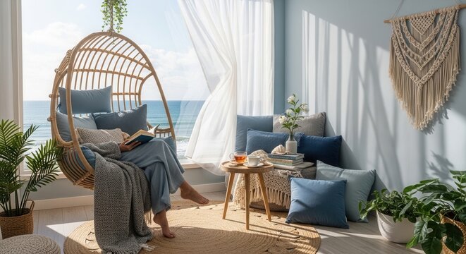 Serene Coastal Retreat With Hanging Chair And Ocean Views