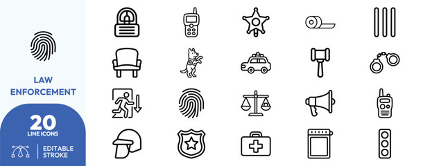 Forensic Investigation set. Containing fingerprint, police badge, handcuffs, police car, gavel, first aid kit, walkie-talkie, police dog, siren, tape measure. Editable stroke. Vector illustration. © khopidd232