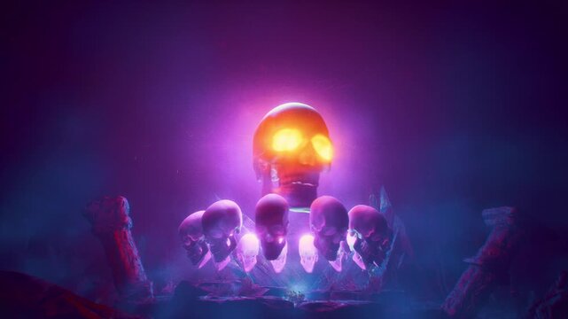 Gothic Fantasy Ritual Cavern With Levitating Skull King And Multiple Small Skulls Background