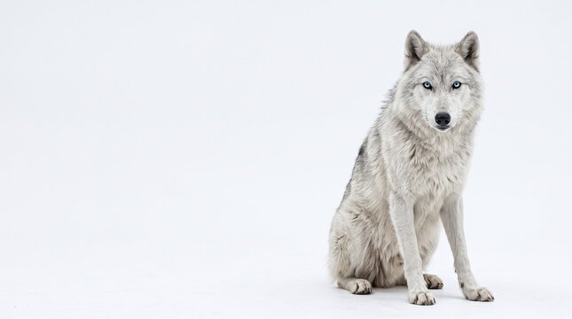 Majestic white wolf sitting on a white background with ample copy space. Ideal for wildlife, nature, conservation, strength, leadership, wilderness, and animal-themed commercial designs.