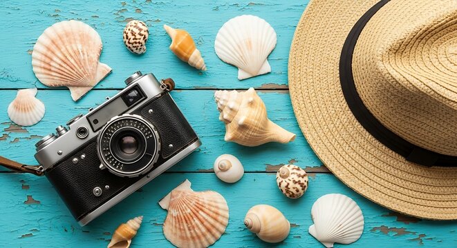 A still life arrangement of seashells, a camera, and a hat on a wooden table outdoors