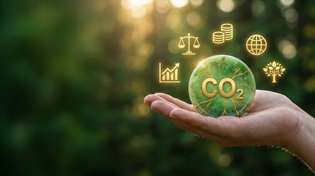 Hand holding green CO2 sphere with gold icons for carbon trading and ESG sustainability concept.